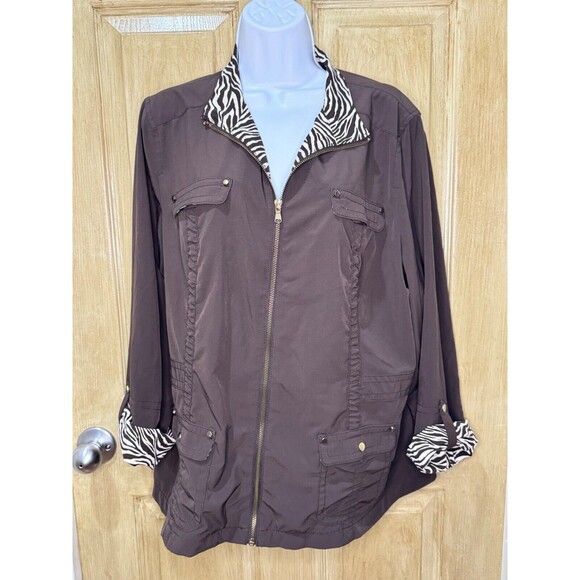 Zenergy b Chico's Jacket Women's 3 Brown Zebra Print Zip Up Roll Tab Lightweight - Picture 1 of 8